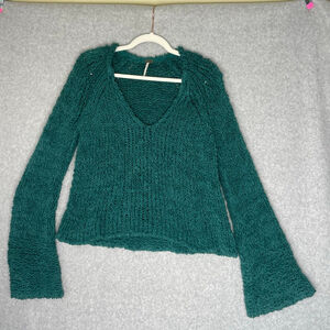 Free People Womens Medium Teal Chunky Knit V Neck Bell Sleeve Sweater Boho #AI
